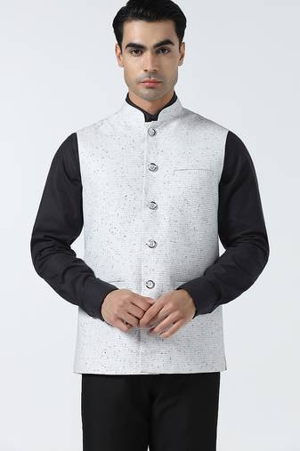 Men checked band collar nehru jacket