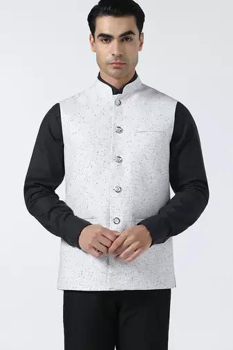 Men checked band collar nehru jacket
