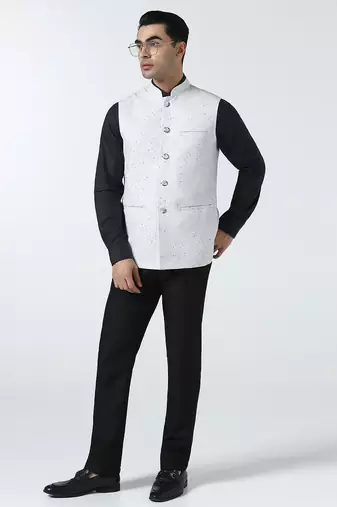 Men checked band collar nehru jacket