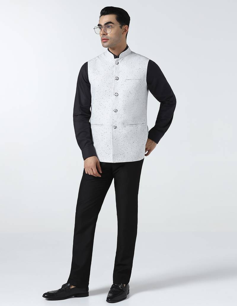 Men checked band collar nehru jacket