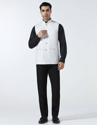 Men checked band collar nehru jacket 4