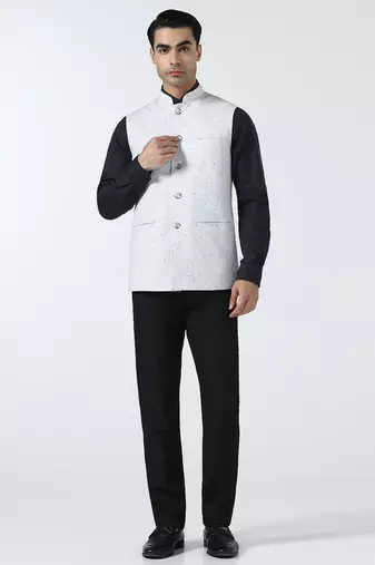 Men checked band collar nehru jacket