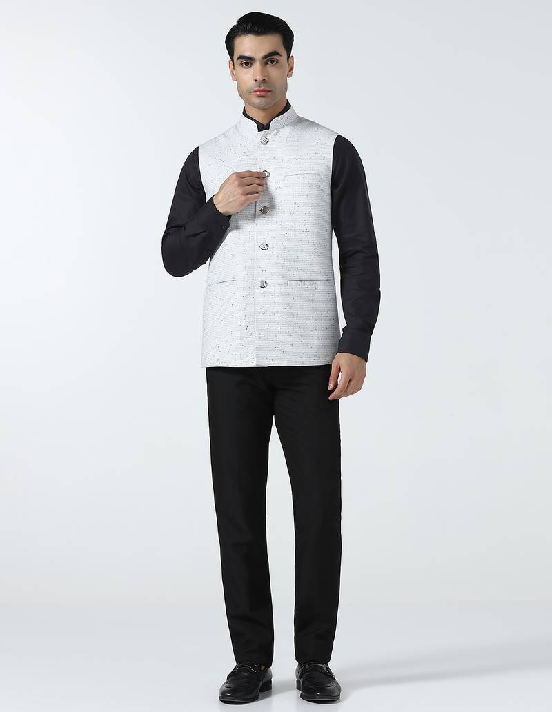 Men checked band collar nehru jacket