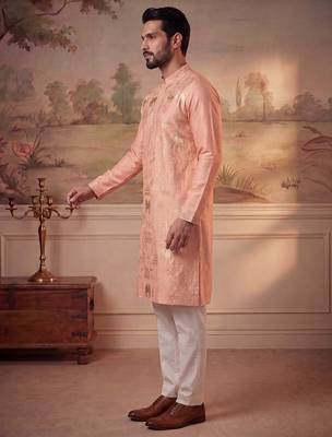 Mens peach viscose rayon solid embroidered kurta 3