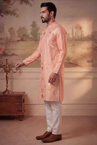Mens peach viscose rayon solid embroidered kurta