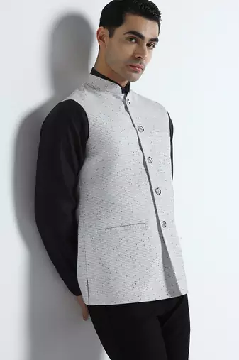Men checked band collar nehru jacket