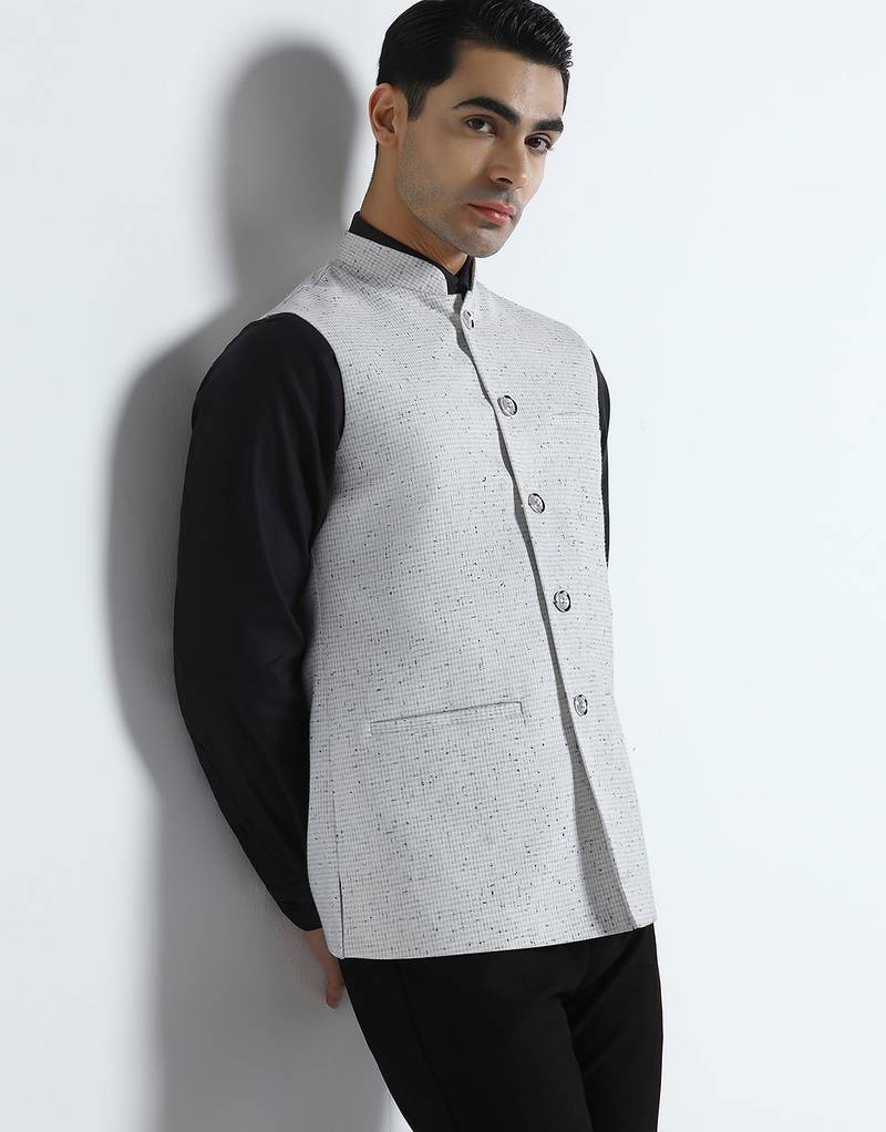 Men checked band collar nehru jacket