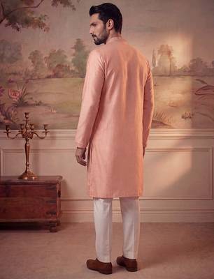 Mens peach viscose rayon solid embroidered kurta 4