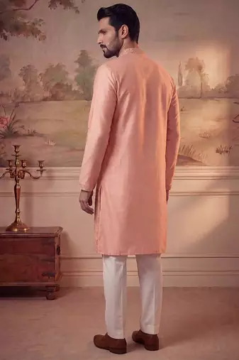 Mens peach viscose rayon solid embroidered kurta