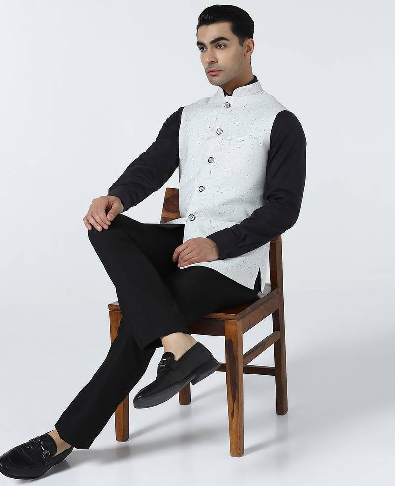 White self design nehru jacket