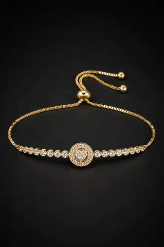 Premium gold adjustable tennis bracelet with round halo crystal centerpiece for women