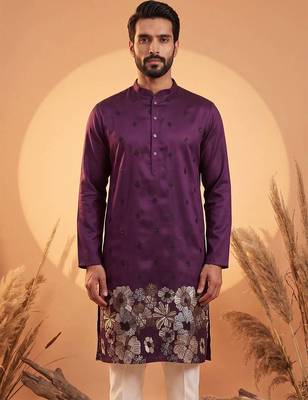 Mens violet silk blend solid embroidered kurta 1