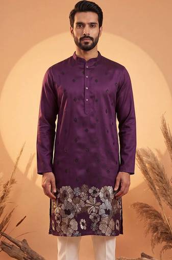 Mens violet silk blend solid embroidered kurta