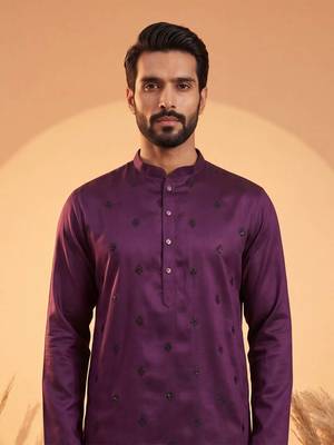Mens violet silk blend solid embroidered kurta 2