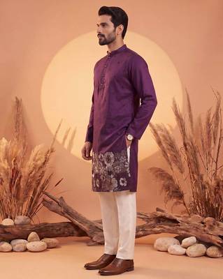 Mens violet silk blend solid embroidered kurta 3