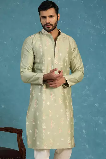 Mens green silk blend solid embroidered kurta