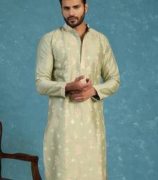 Mens green silk blend solid embroidered kurta