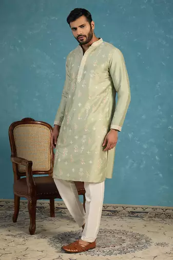 Mens green silk blend solid embroidered kurta