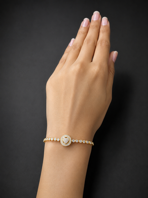 Premium gold adjustable tennis bracelet with round halo crystal centerpiece for women 3