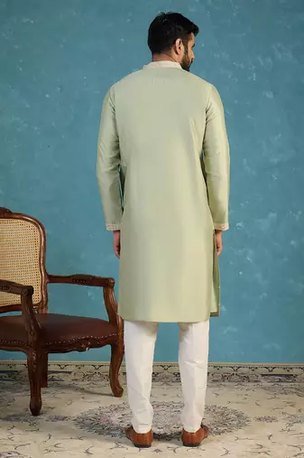 Mens green silk blend solid embroidered kurta