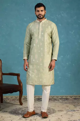 Mens green silk blend solid embroidered kurta