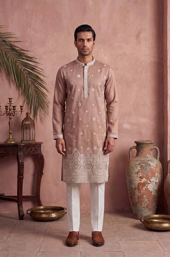 Mens pink silk blend solid embroidered kurta