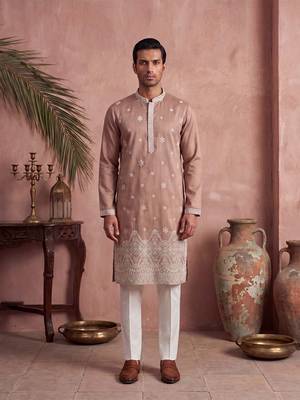 Mens pink silk blend solid embroidered kurta 1