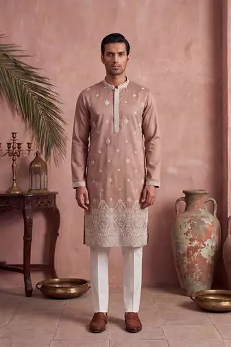 Mens pink silk blend solid embroidered kurta