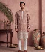 Mens pink silk blend solid embroidered kurta