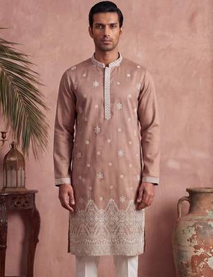 Mens pink silk blend solid embroidered kurta 1