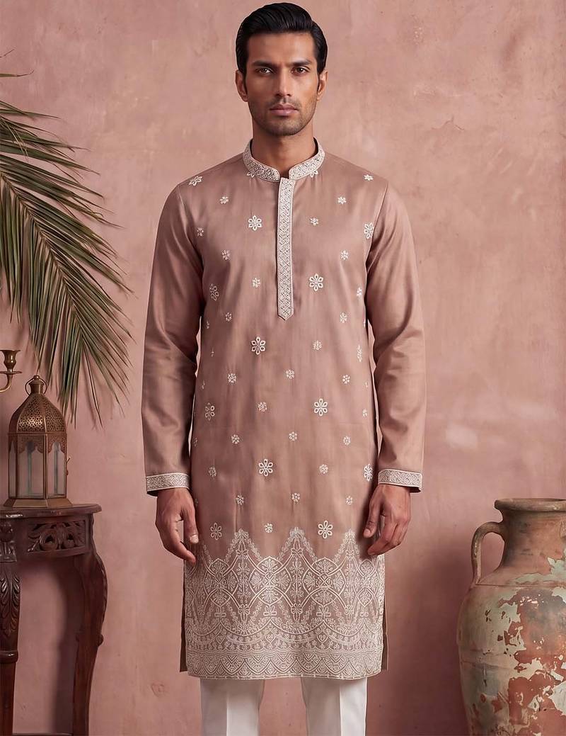 Mens pink silk blend solid embroidered kurta