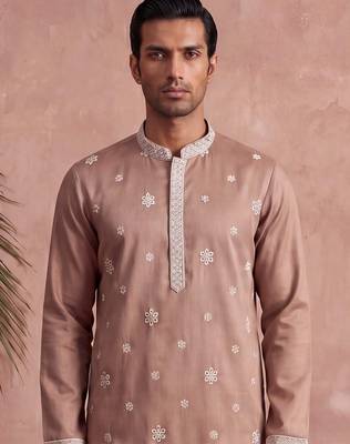 Mens pink silk blend solid embroidered kurta 2