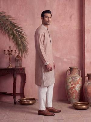Mens pink silk blend solid embroidered kurta 3