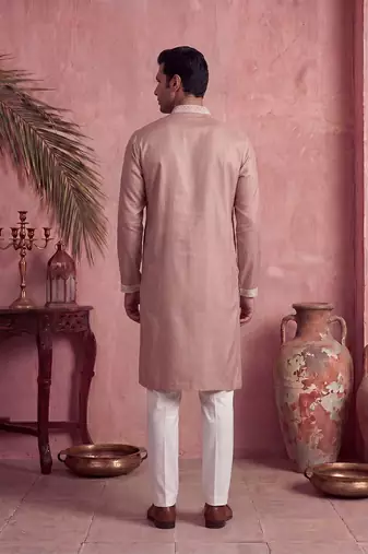Mens pink silk blend solid embroidered kurta