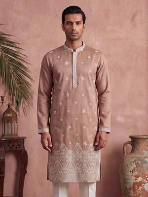Mens pink silk blend solid embroidered kurta 5