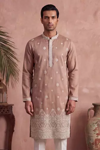 Mens pink silk blend solid embroidered kurta