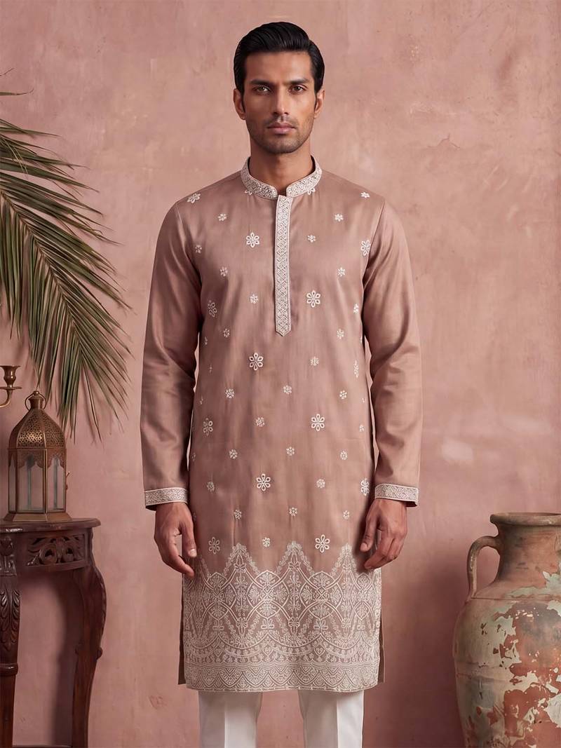Mens pink silk blend solid embroidered kurta