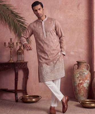 Mens pink silk blend solid embroidered kurta 5
