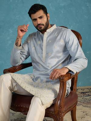 Mens blue silk blend solid embroidered kurta 1