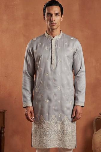 Mens blue silk blend solid embroidered kurta