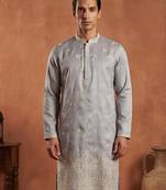 Mens blue silk blend solid embroidered kurta