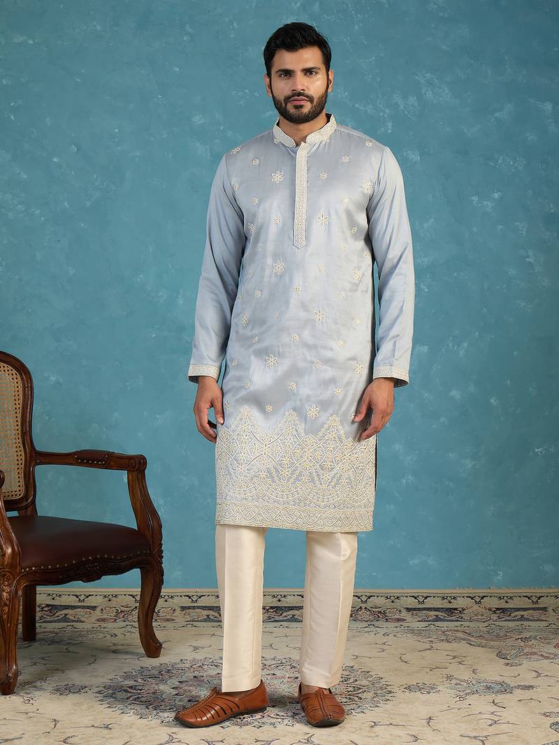 Mens blue silk blend solid embroidered kurta