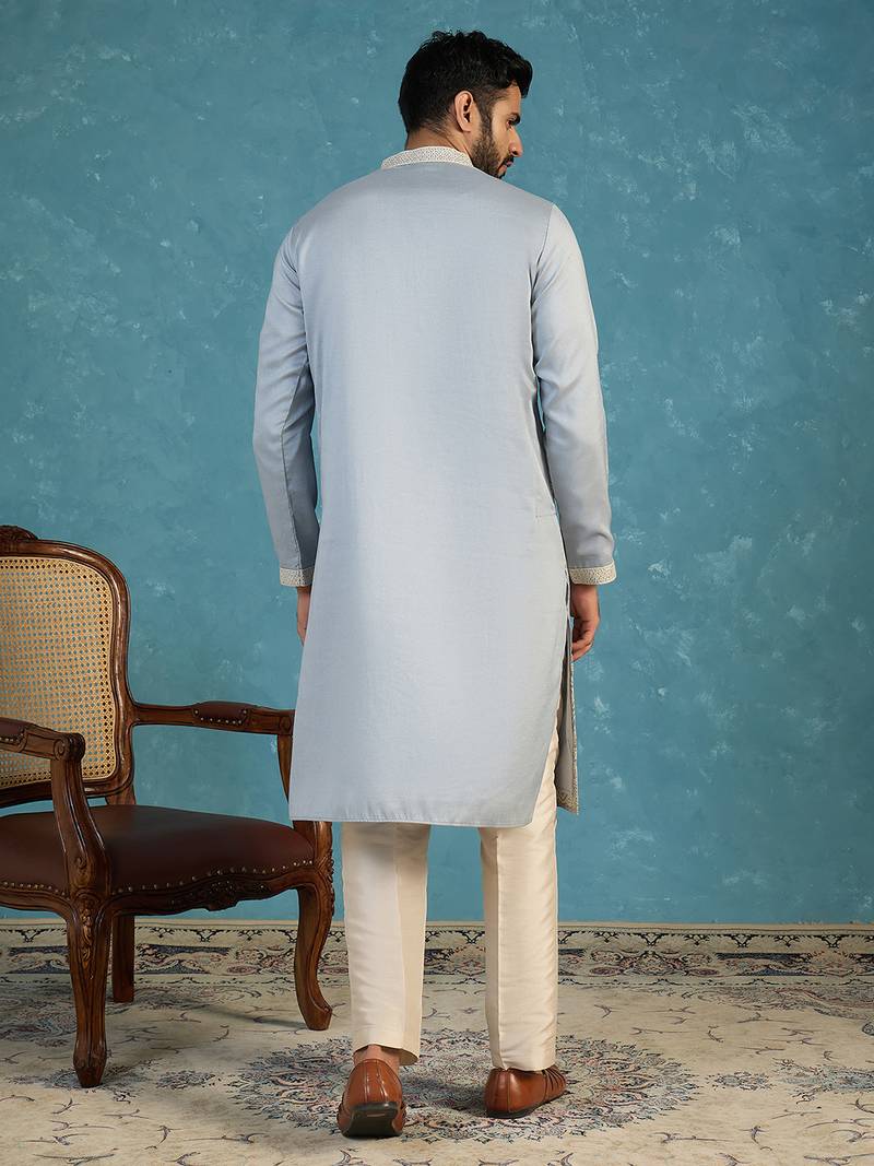 Mens blue silk blend solid embroidered kurta