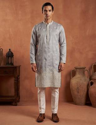Mens blue silk blend solid embroidered kurta 5