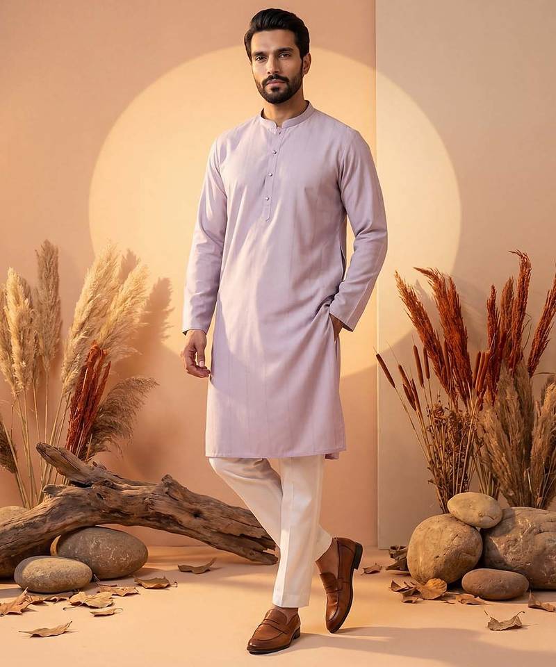 Mens lavender silk blend solid solid kurta