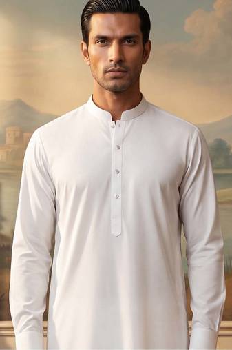 Mens white silk blend solid solid kurta