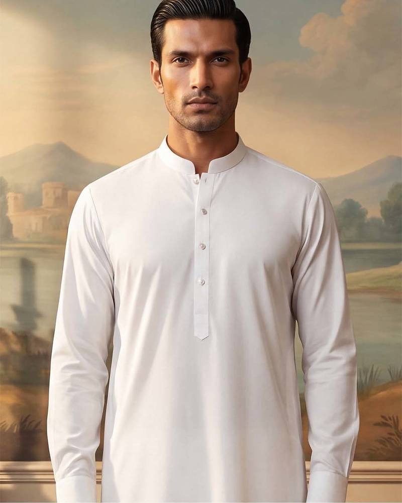 Mens white silk blend solid solid kurta