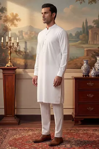 Mens white silk blend solid solid kurta
