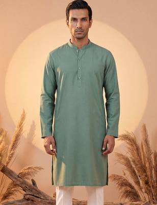 Mens green silk blend solid solid kurta 1