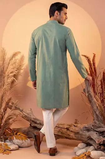Mens green silk blend solid solid kurta